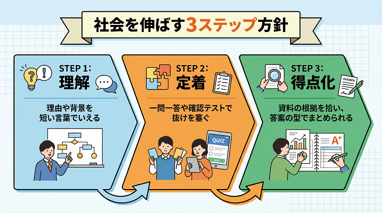 社会を伸ばす3ステップ方針
